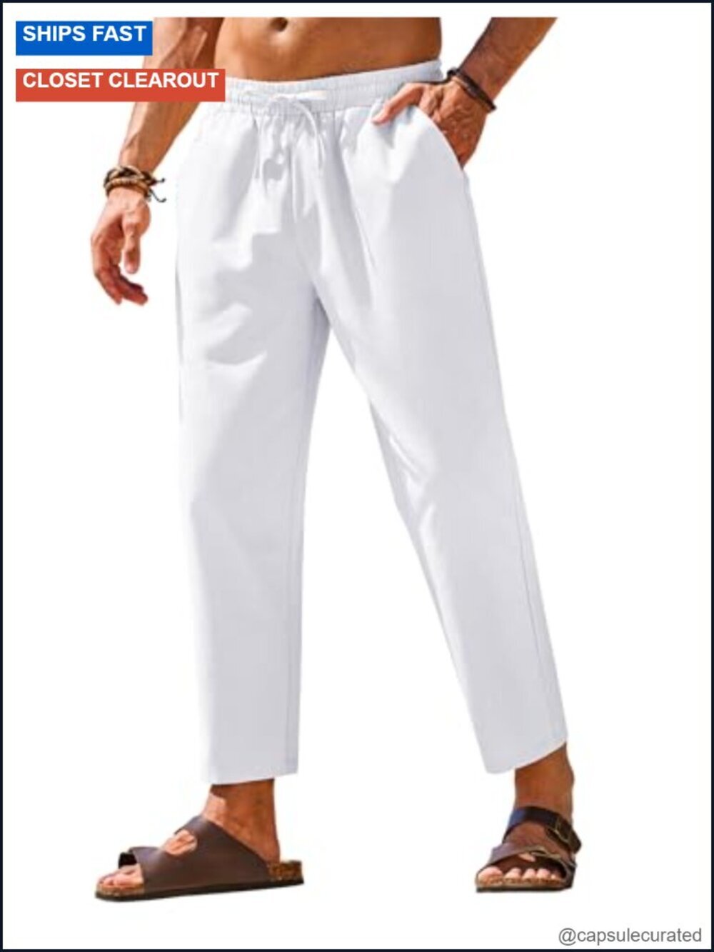 Mens Linen Casual Pants Elastic Waist Drawstring Trousers Beach Yoga